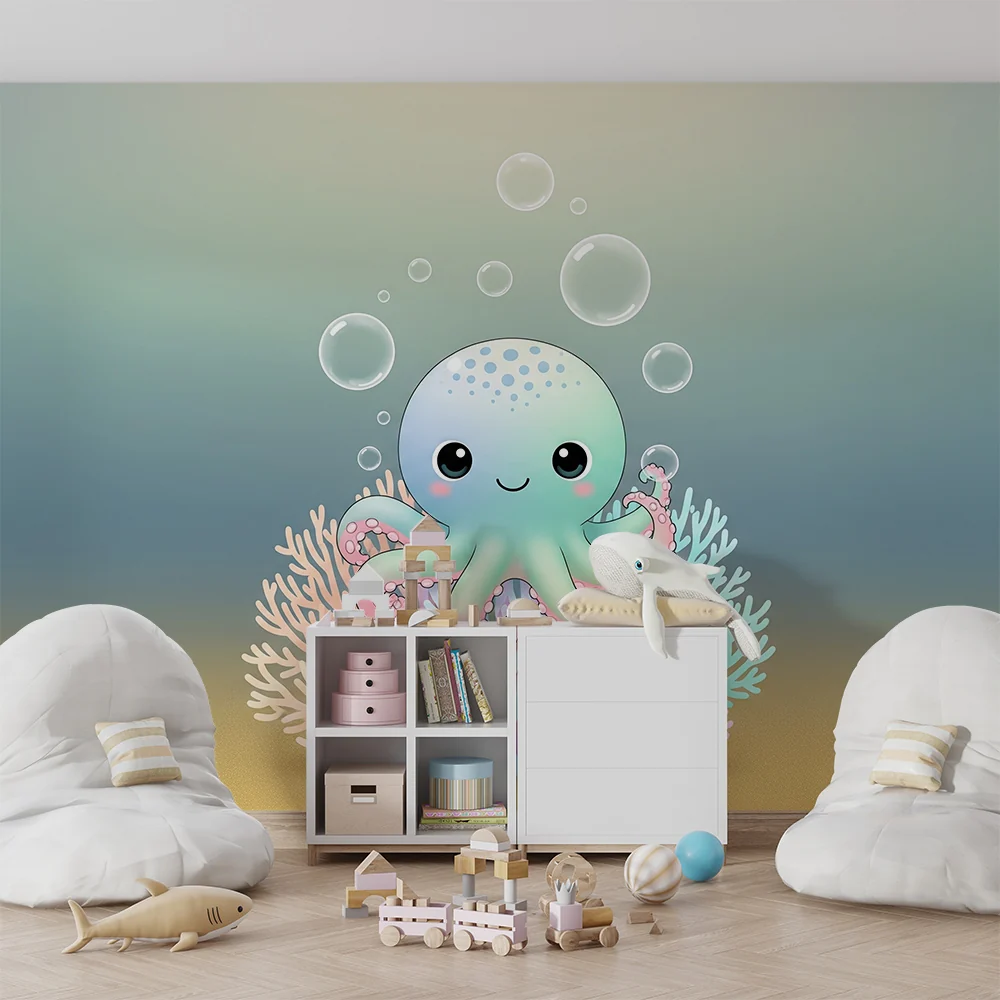 Nursery room wallpaper | Bájos polip és színes korall víz alatt
