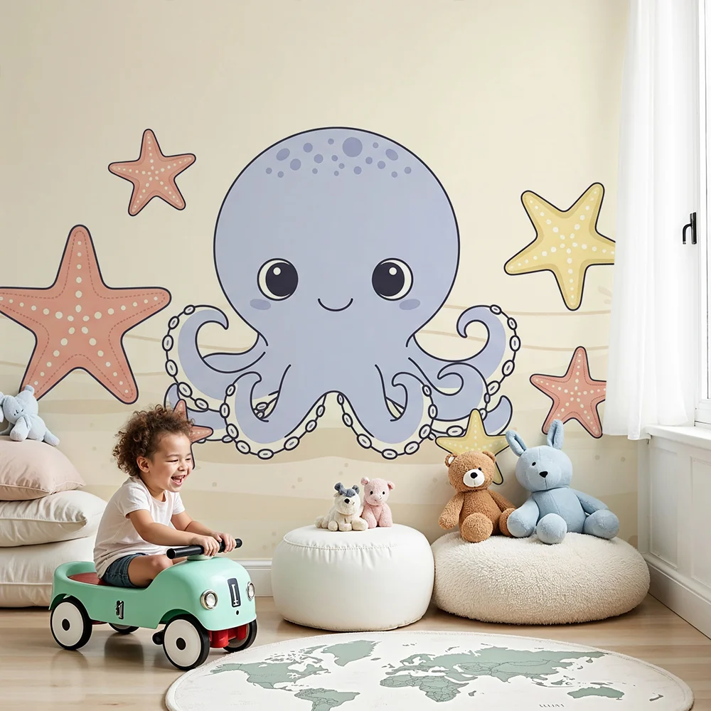 Nursery room wallpaper | Bájos polip és tengeri csillagok egy lágy tengeri világban