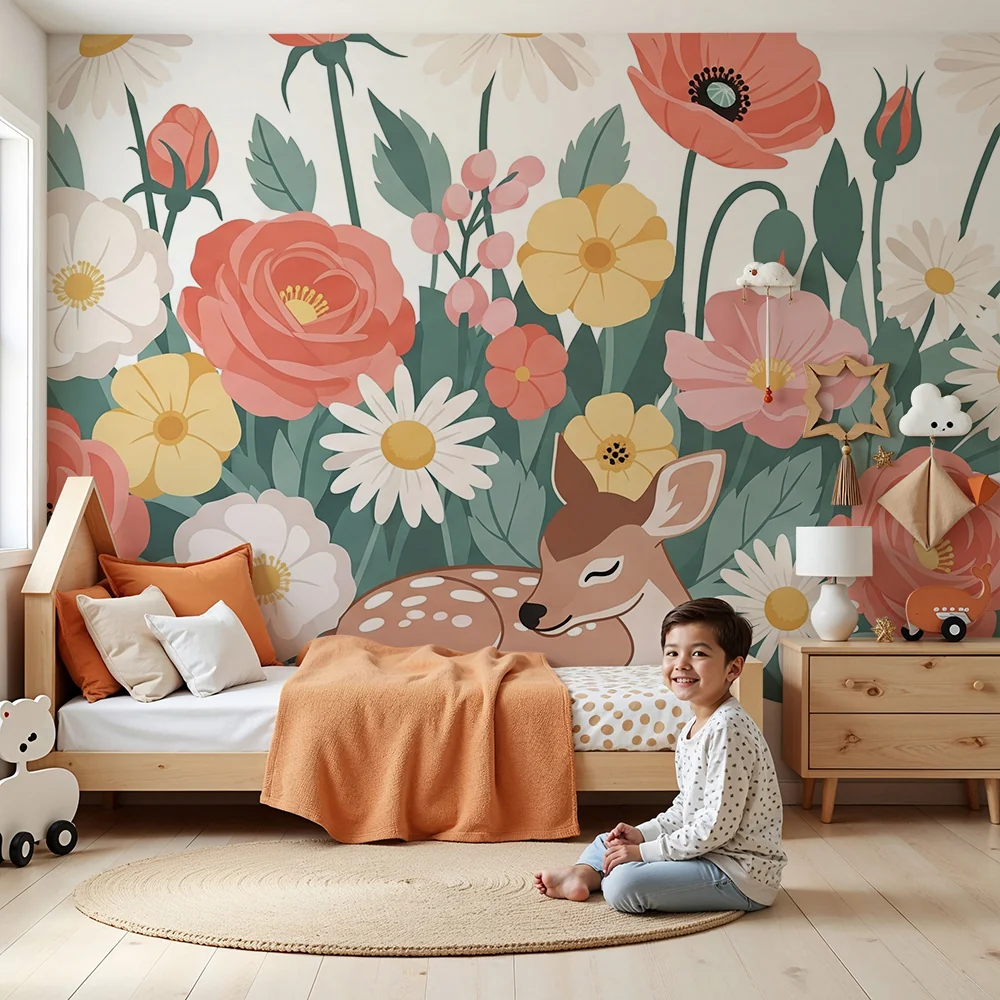 Nursery room wallpaper | Bájos szarvas virágok között