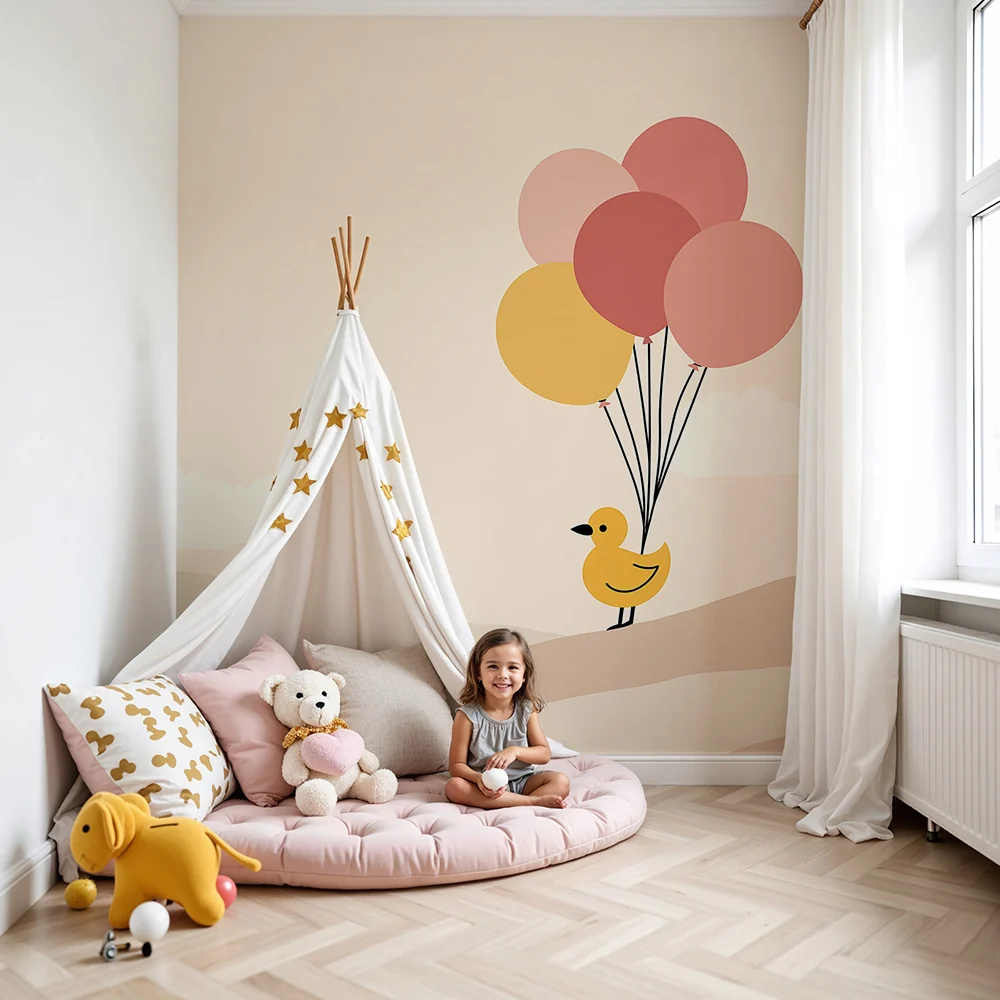 Nursery room wallpaper | Bold duck colorful balloons gentle landscape