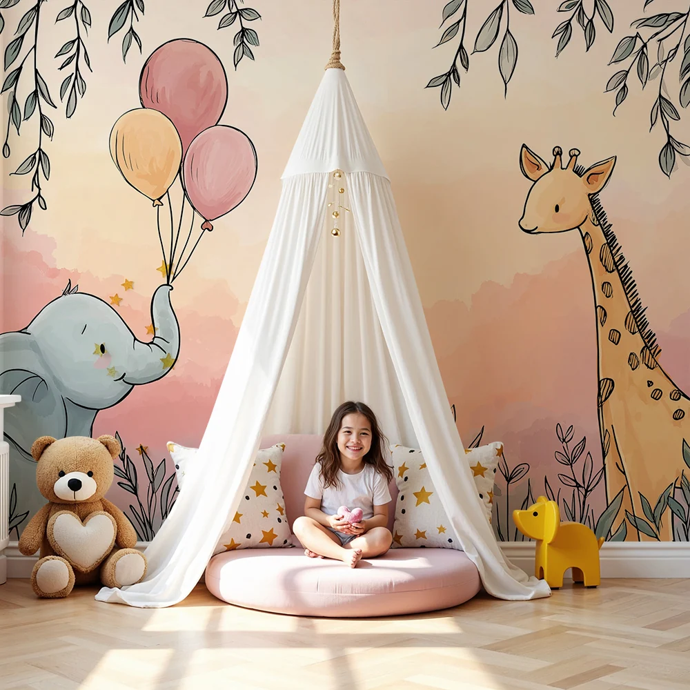 Nursery room wallpaper | Bold elephant balloons and giraffe colorful setting