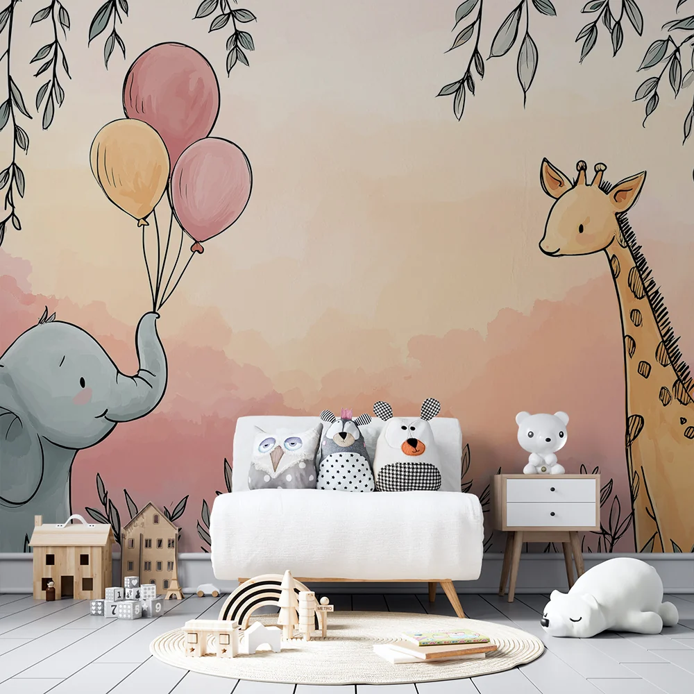 Nursery room wallpaper | Bold elephant balloons and giraffe colorful setting