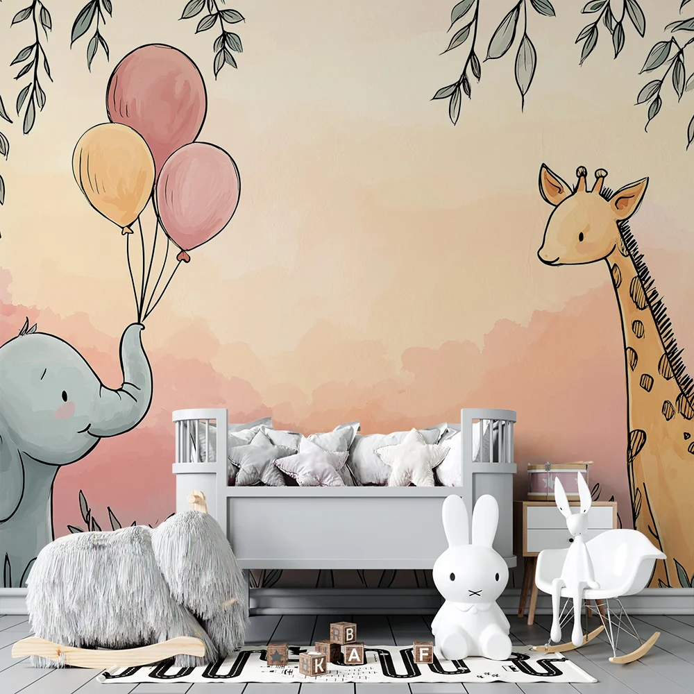 Nursery room wallpaper | Bold elephant balloons and giraffe colorful setting