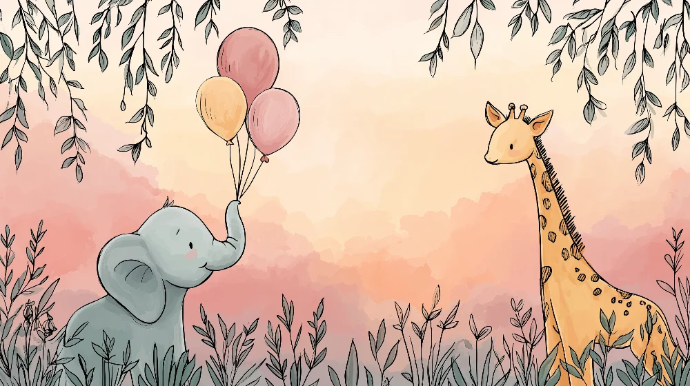 Nursery room wallpaper | Bold elephant balloons and giraffe colorful setting