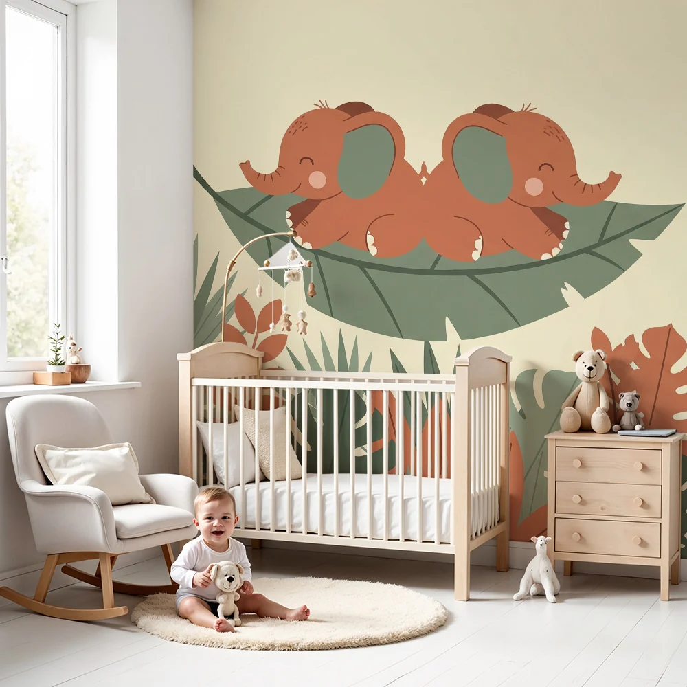 Nursery room wallpaper | Bold elephants on leaf middle jungle
