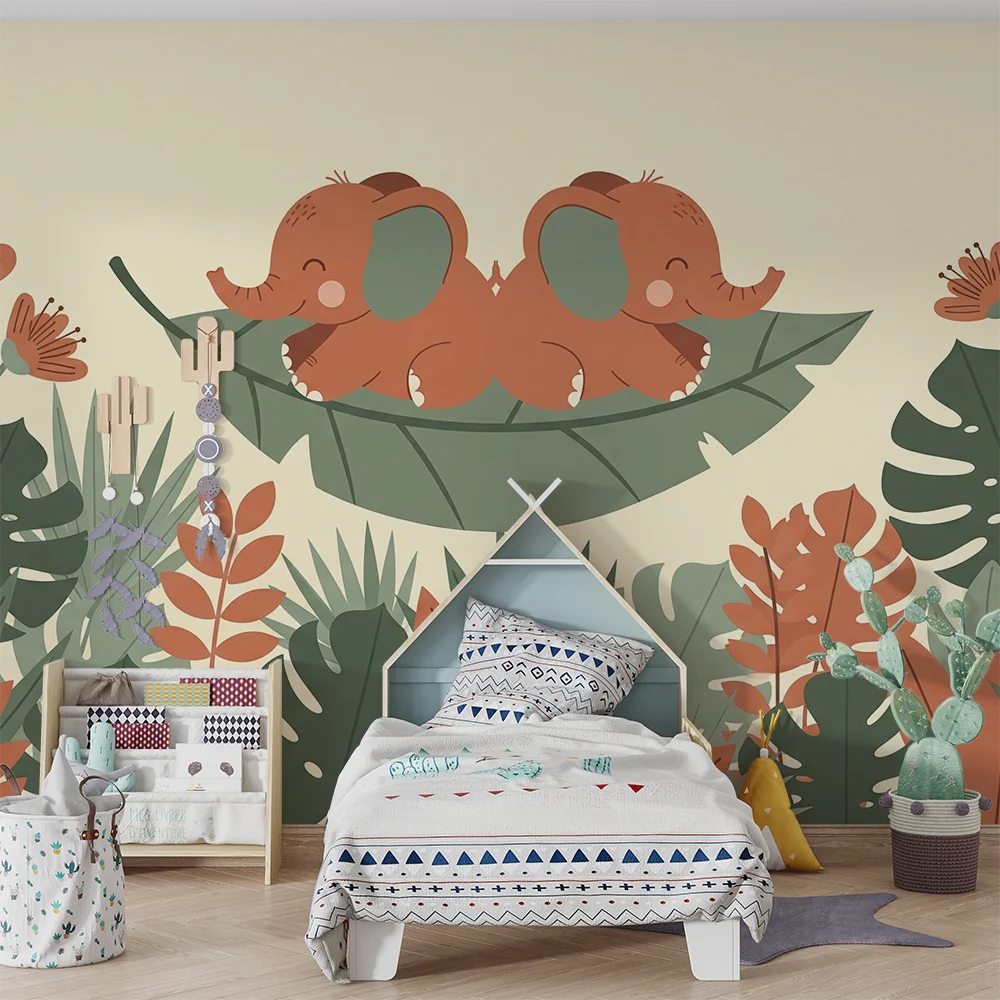 Nursery room wallpaper | Bold elephants on leaf middle jungle