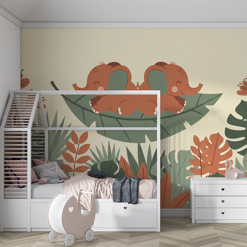 Nursery room wallpaper | Bold elephants on leaf middle jungle