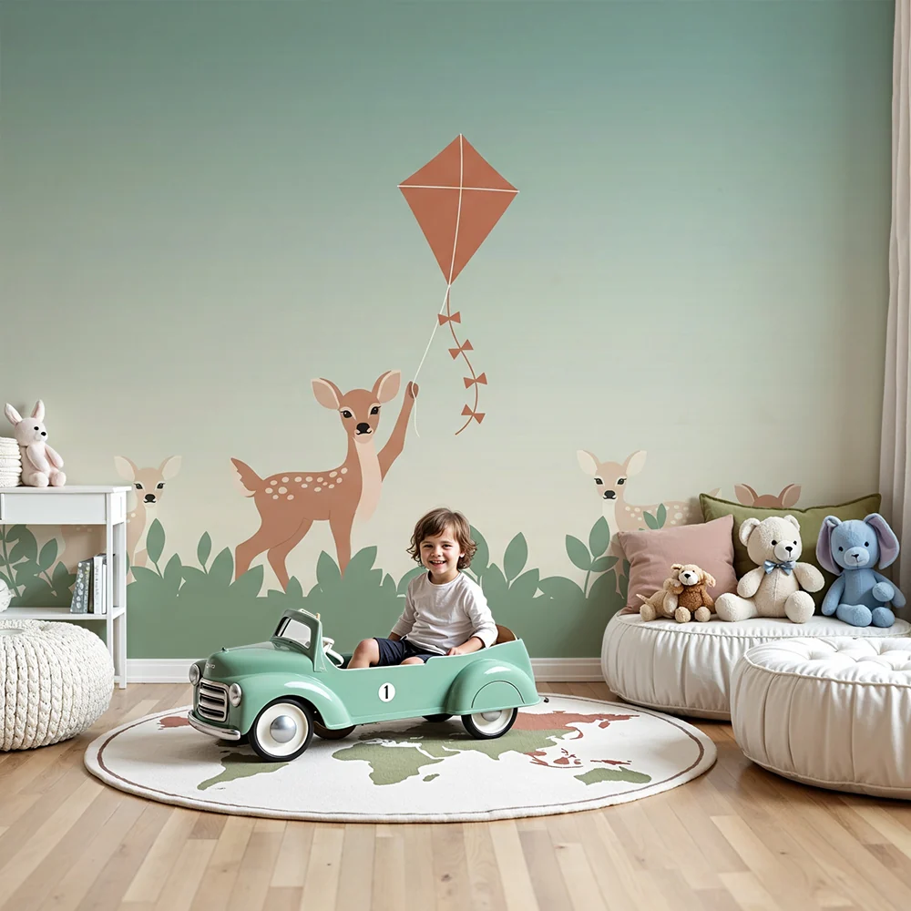 Nursery room wallpaper | Bold fawns and soothing sky