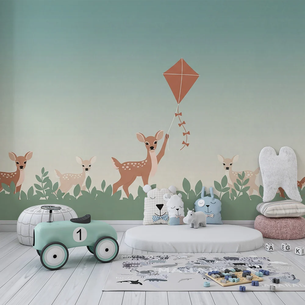 Nursery room wallpaper | Bold fawns and soothing sky