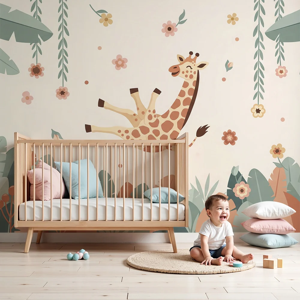Nursery room wallpaper | Bold giraffe among colorful flowers and foliage