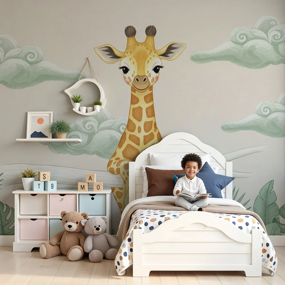 Nursery room wallpaper | Bold giraffe and soft clouds