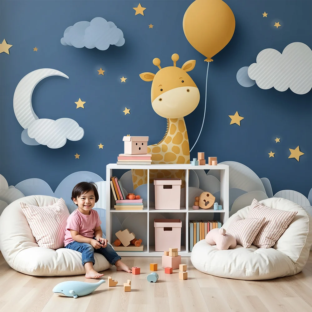 Nursery room wallpaper | Bold giraffe starry sky clouds