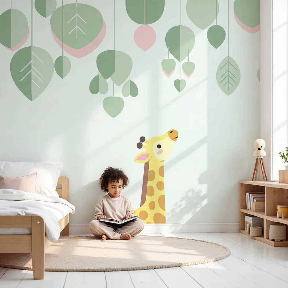 Nursery room wallpaper | Bold giraffe under sky pastel leaves