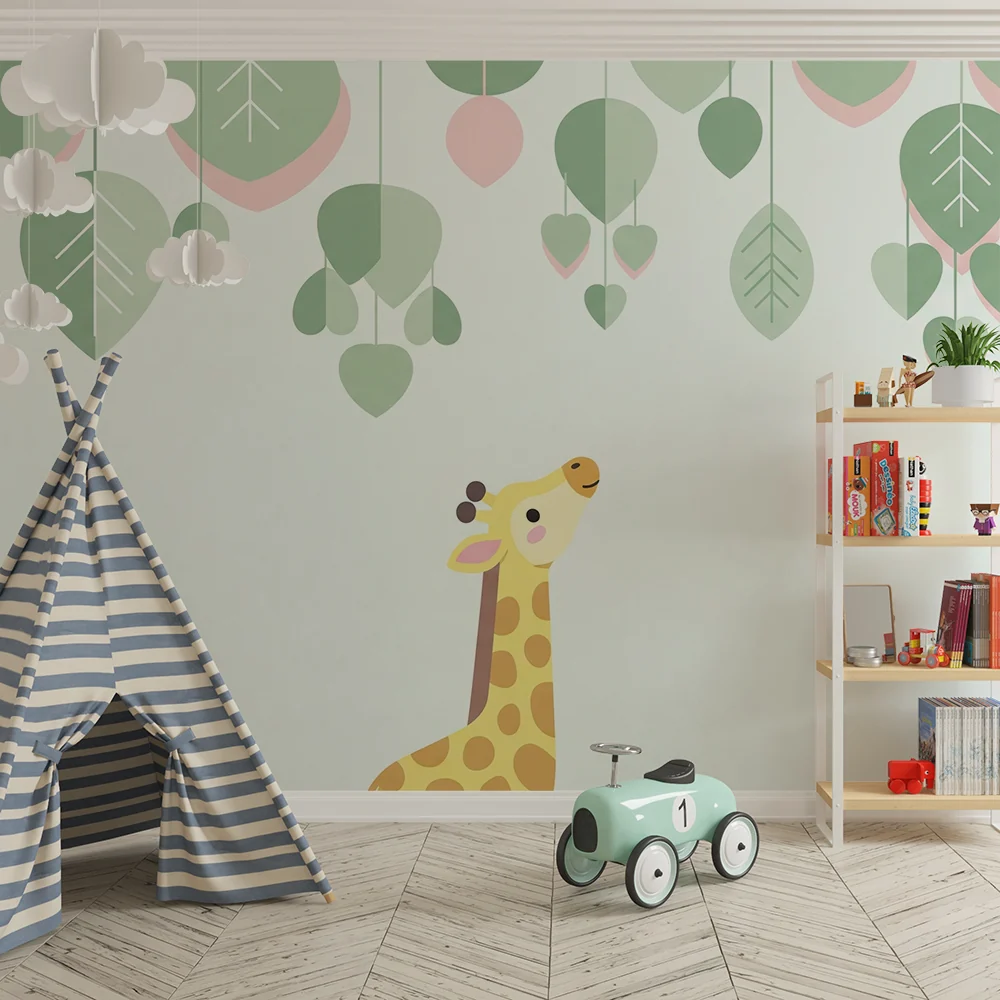 Nursery room wallpaper | Bold giraffe under sky pastel leaves