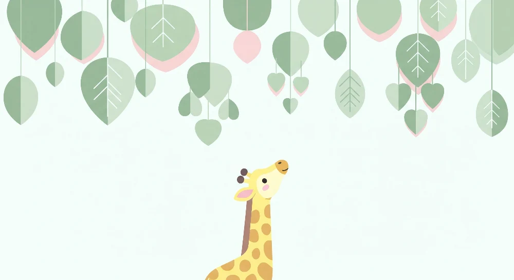 Nursery room wallpaper | Bold giraffe under sky pastel leaves