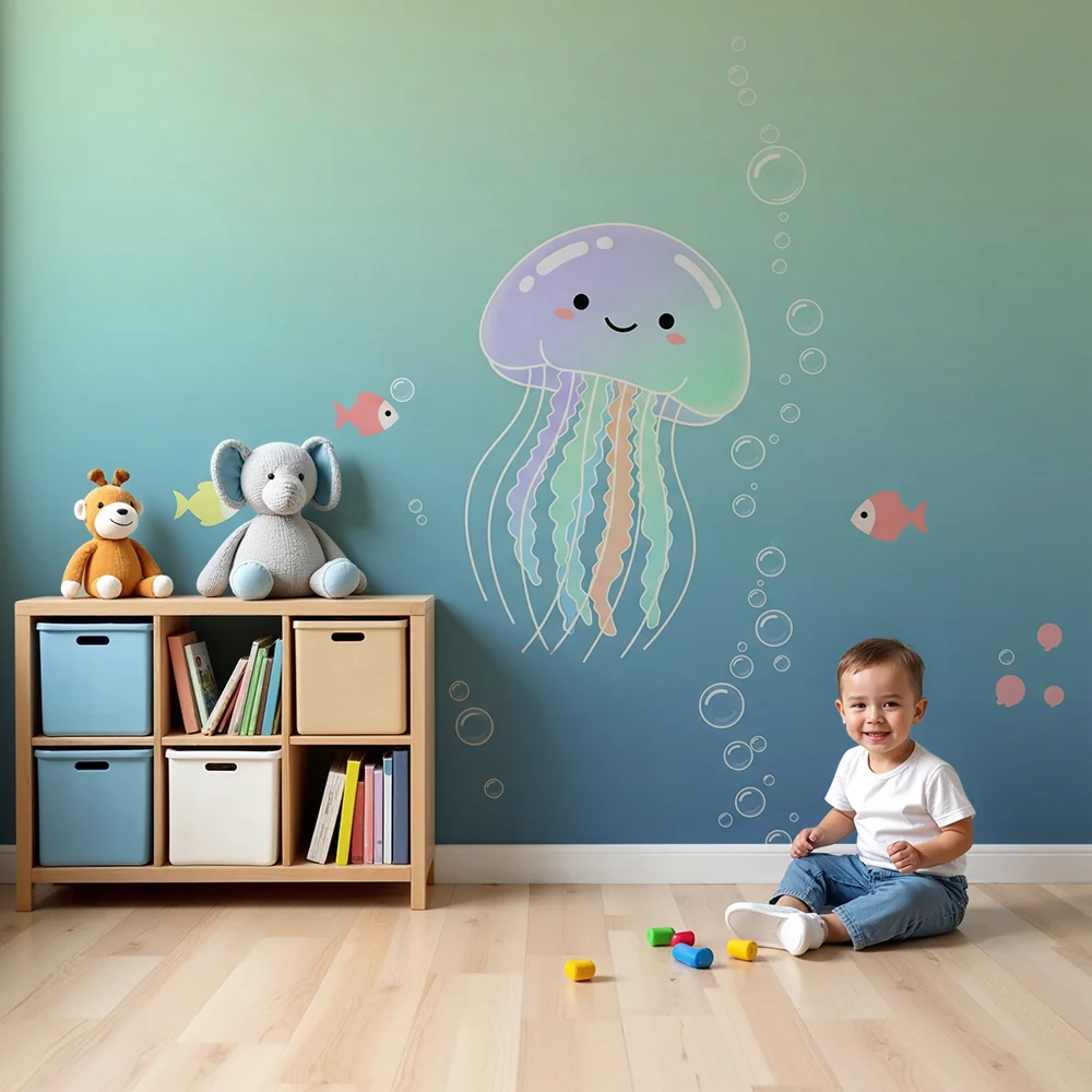 Nursery room wallpaper | Bold jellyfish and colorful fish soothing ocean