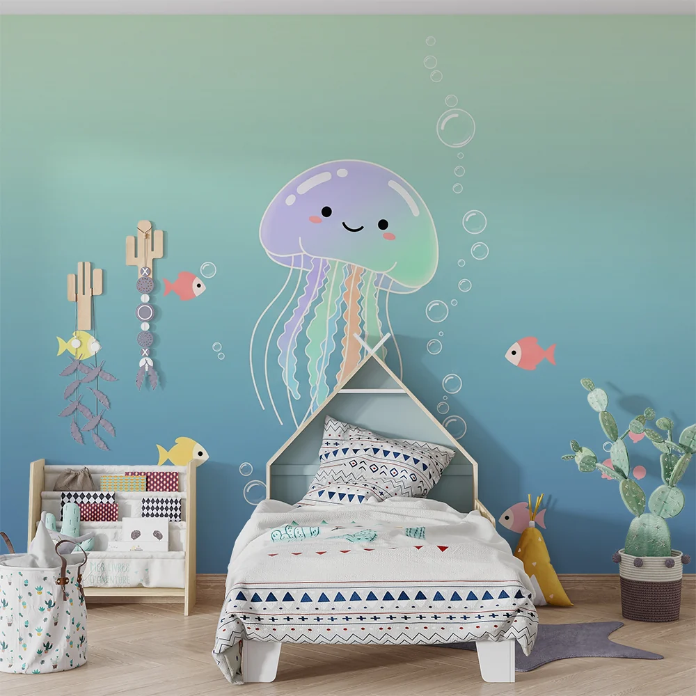 Nursery room wallpaper | Bold jellyfish and colorful fish soothing ocean