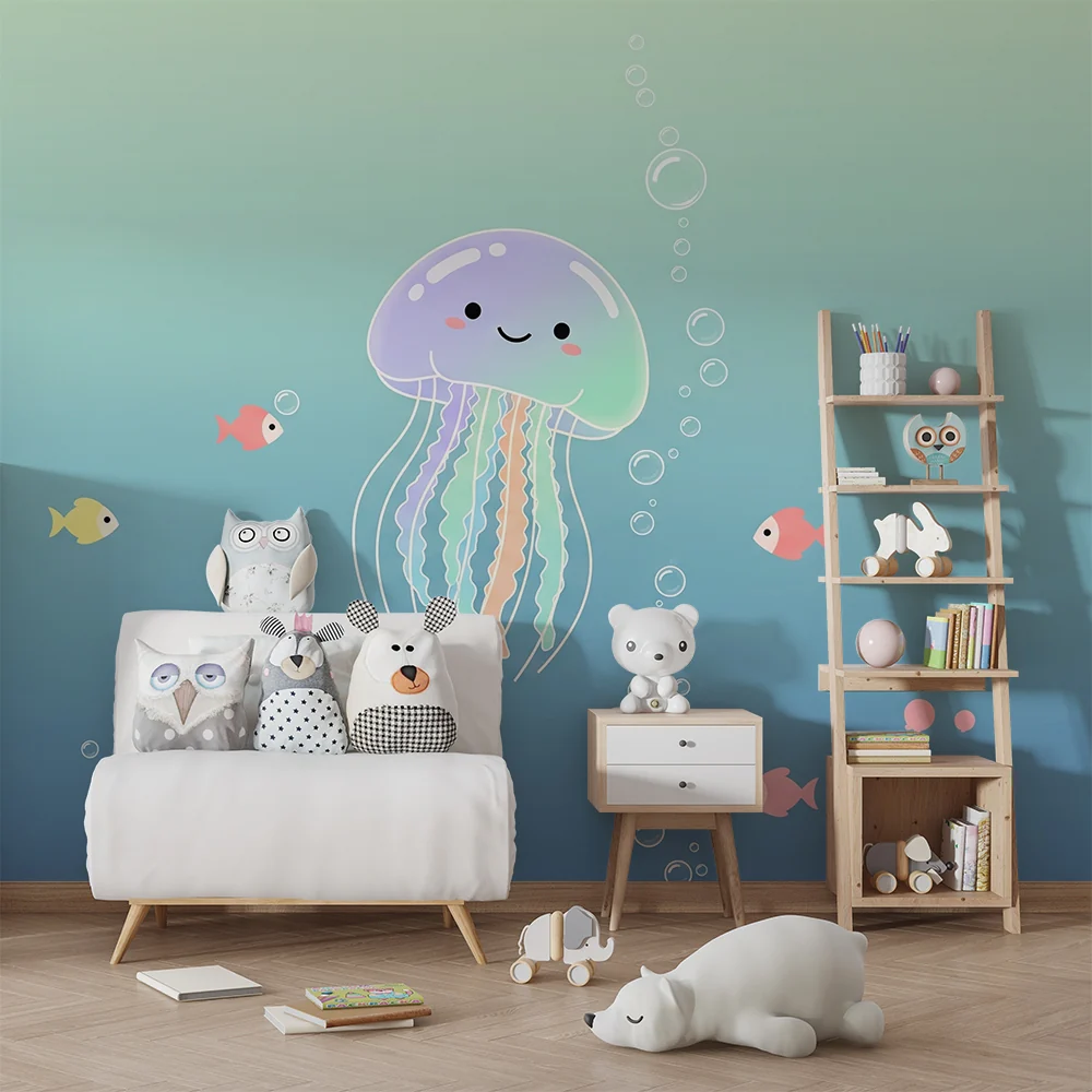 Nursery room wallpaper | Bold jellyfish and colorful fish soothing ocean