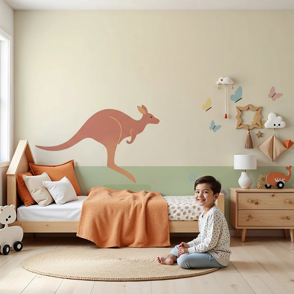 Nursery room wallpaper | Bold kangaroo and colorful butterflies flowery field