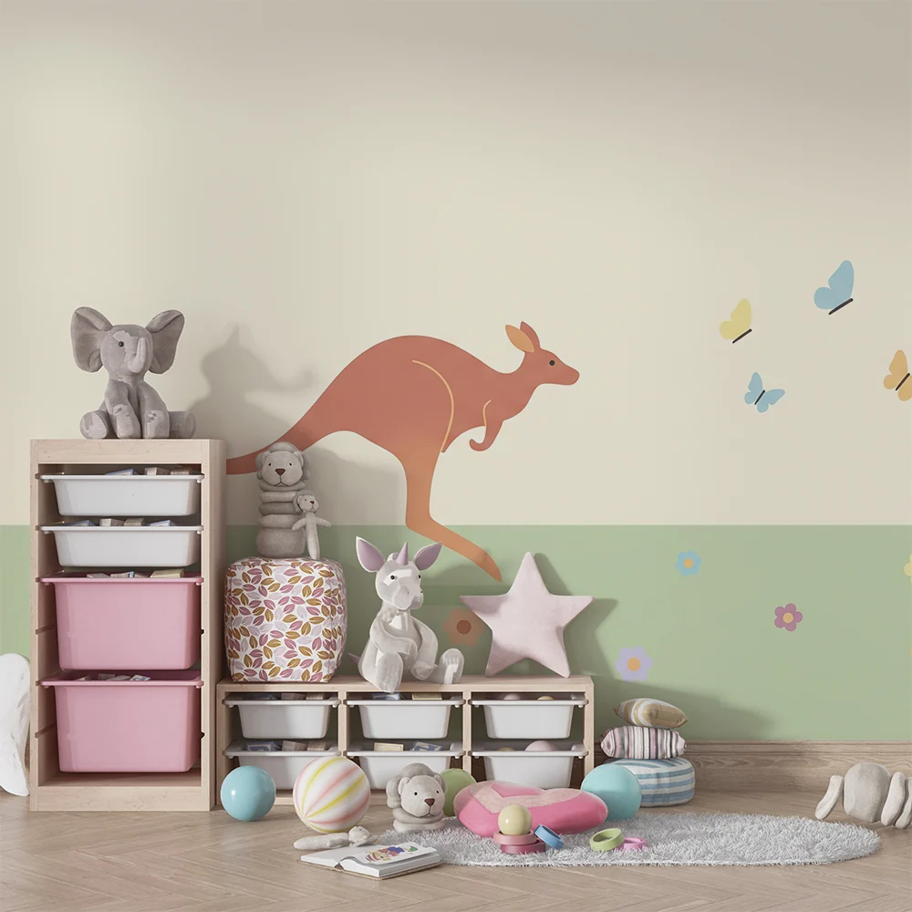 Nursery room wallpaper | Bold kangaroo and colorful butterflies flowery field