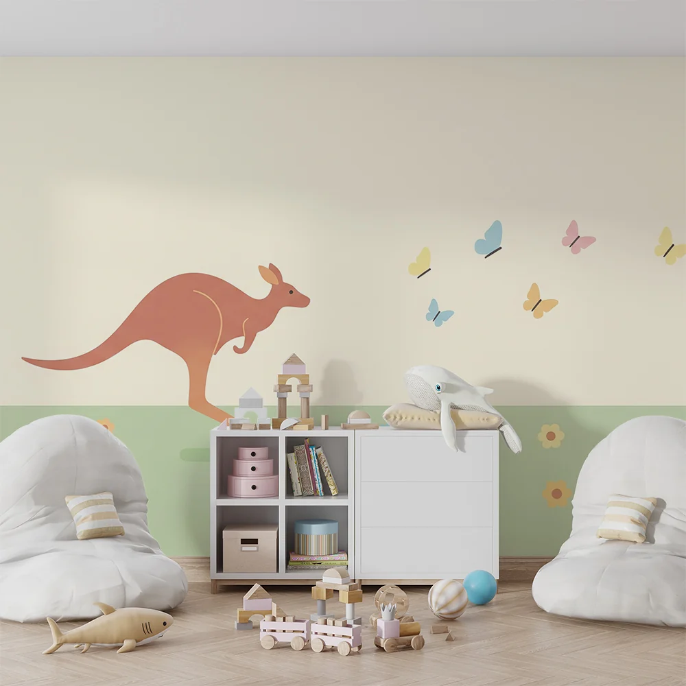 Nursery room wallpaper | Bold kangaroo and colorful butterflies flowery field