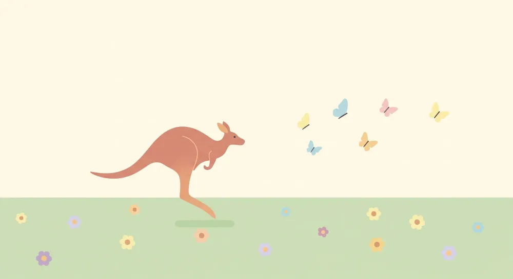 Nursery room wallpaper | Bold kangaroo and colorful butterflies flowery field