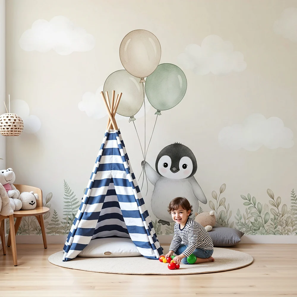 Nursery room wallpaper | Bold penguin balloons