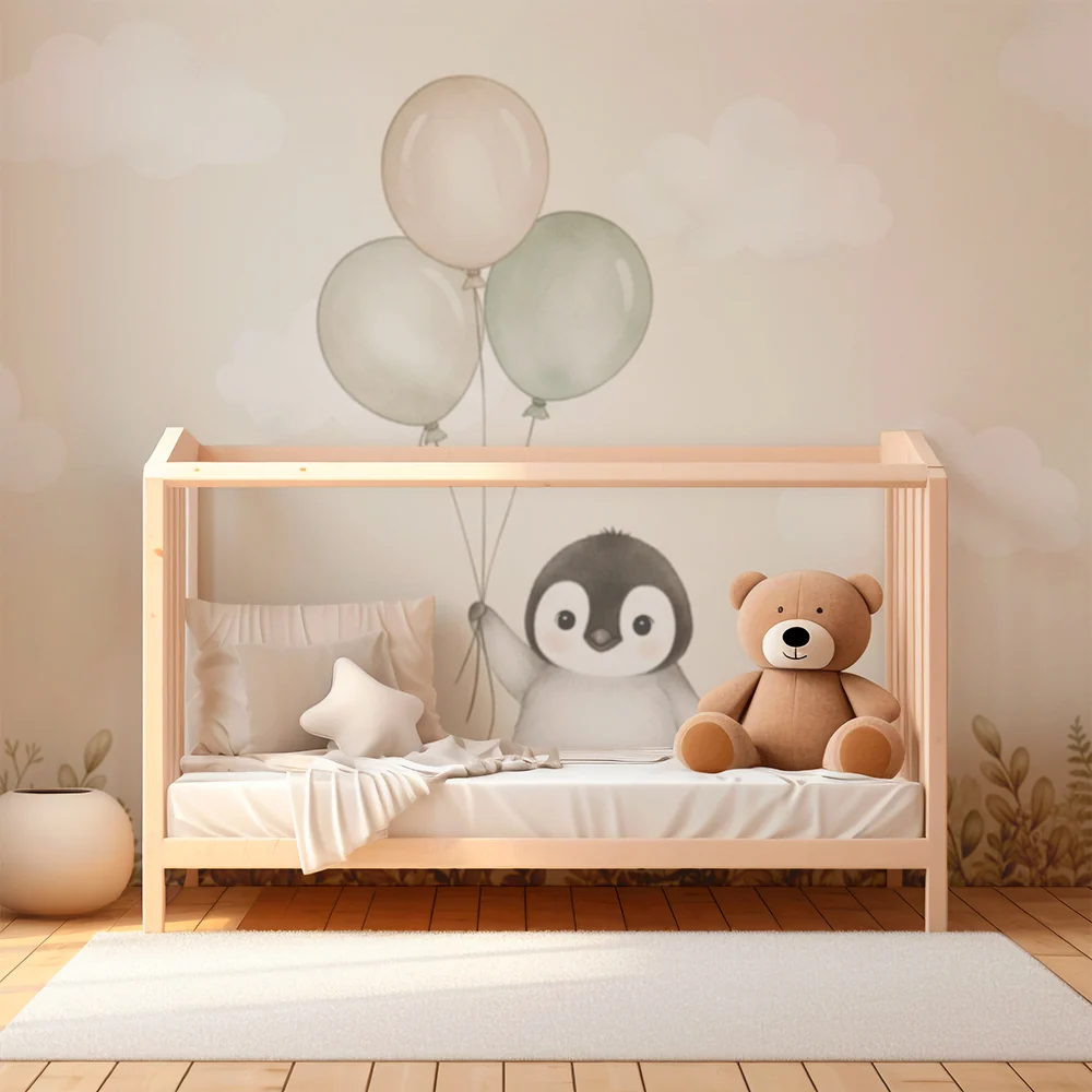 Nursery room wallpaper | Bold penguin balloons