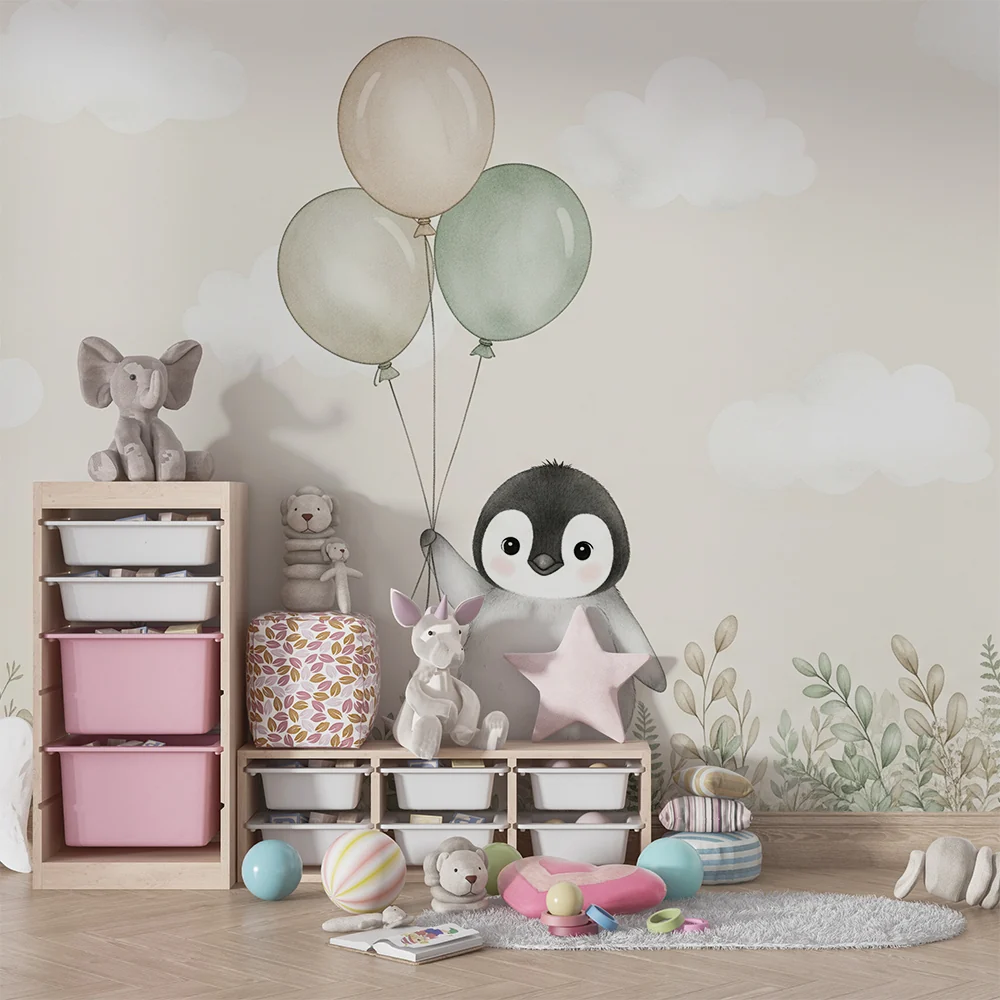 Nursery room wallpaper | Bold penguin balloons