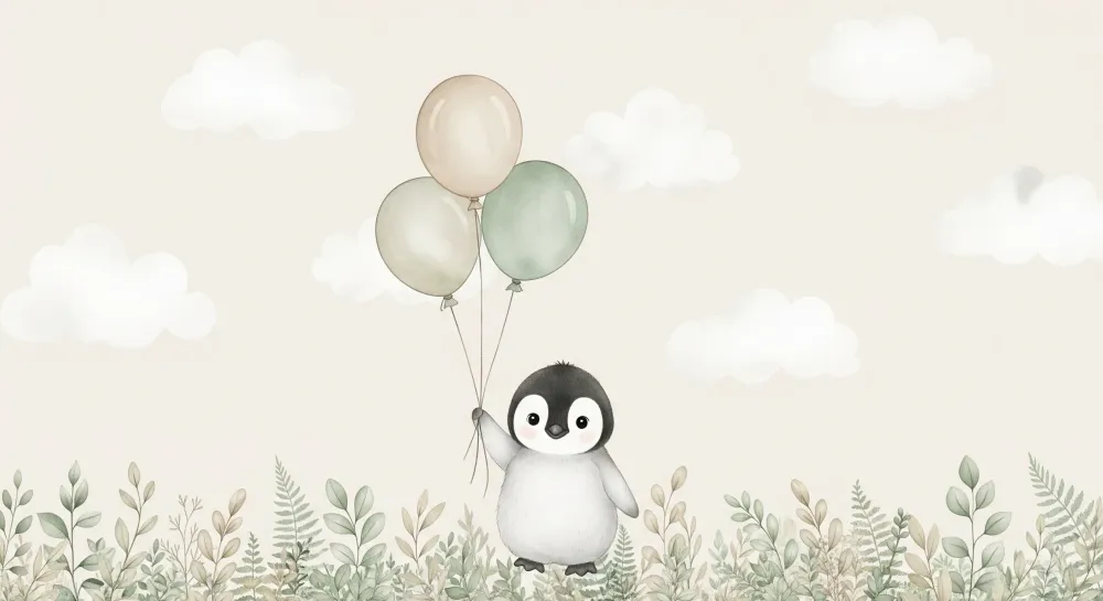 Nursery room wallpaper | Bold penguin balloons