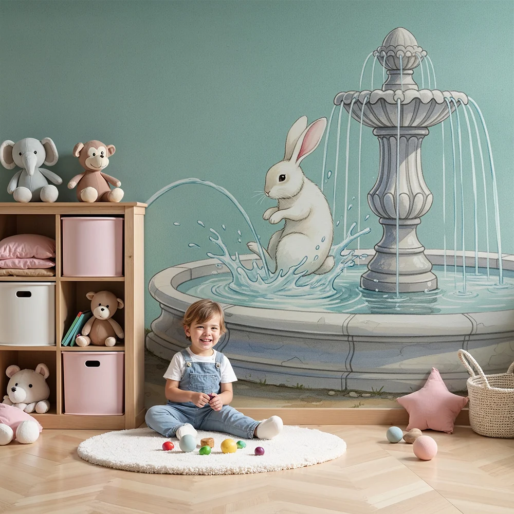 Nursery room wallpaper | Bold rabbit at fountain