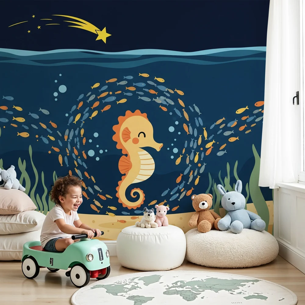 Nursery room wallpaper | Bold seahorse and its aquatic ballet