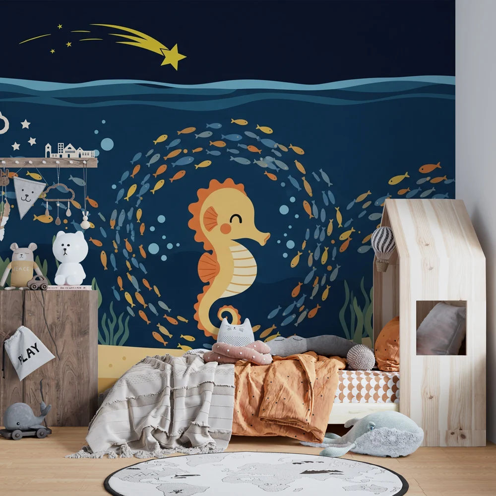 Nursery room wallpaper | Bold seahorse and its aquatic ballet