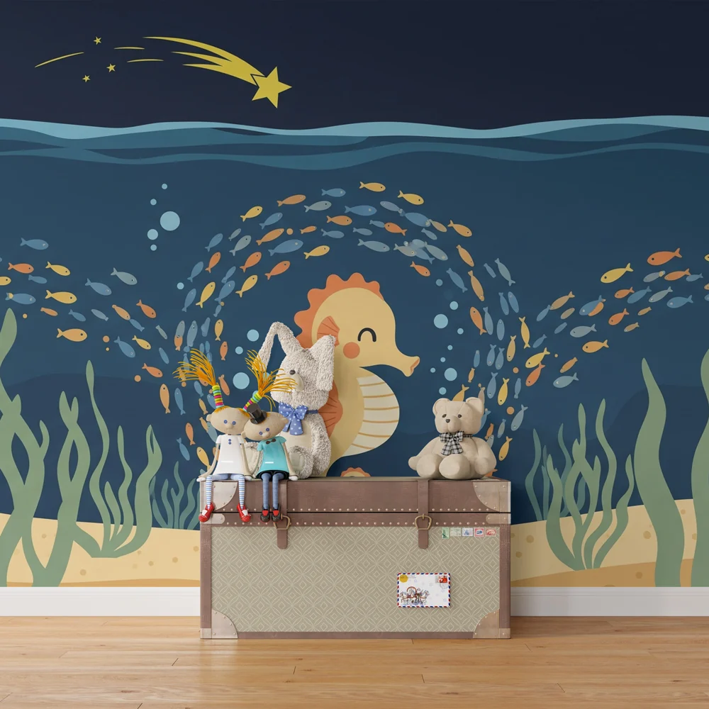 Nursery room wallpaper | Bold seahorse and its aquatic ballet