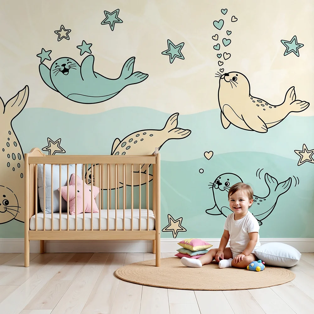 Nursery room wallpaper | Bold seals and sea stars