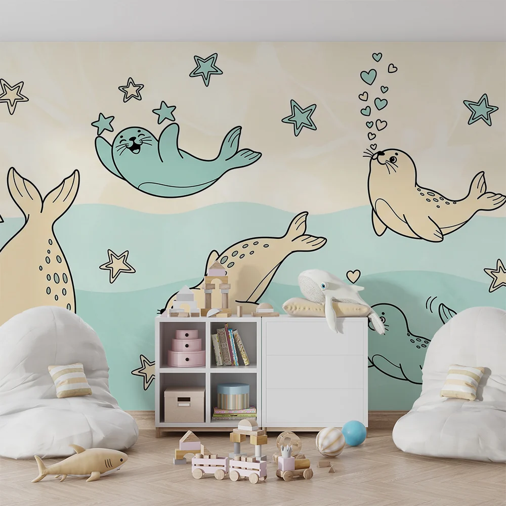 Nursery room wallpaper | Bold seals and sea stars
