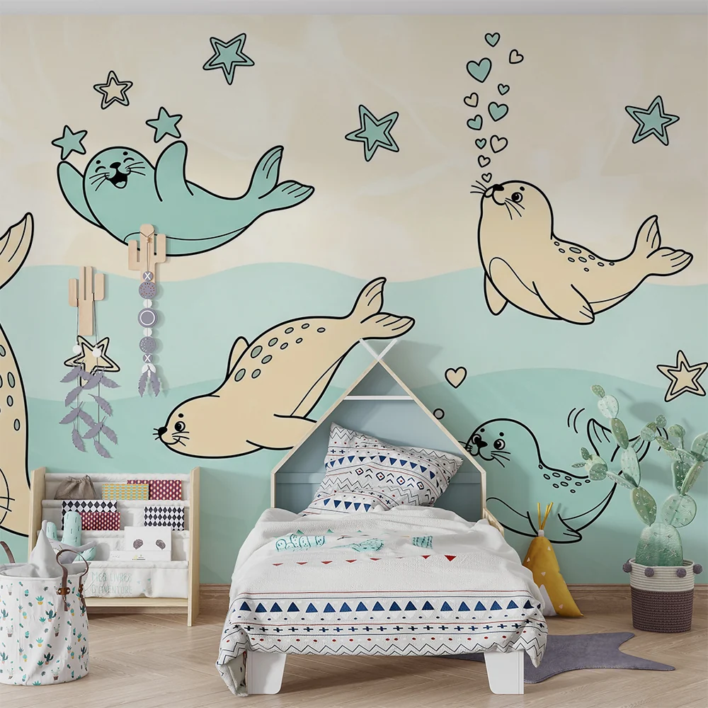 Nursery room wallpaper | Bold seals and sea stars