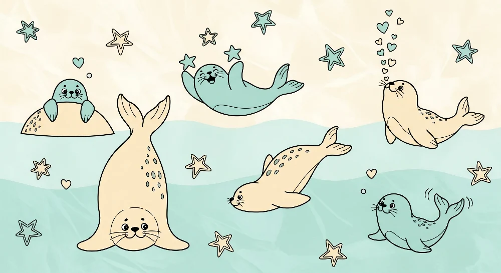 Nursery room wallpaper | Bold seals and sea stars