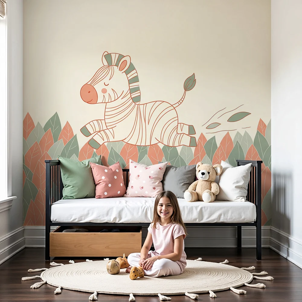Nursery room wallpaper | Bold zebra running through field colorful leaves