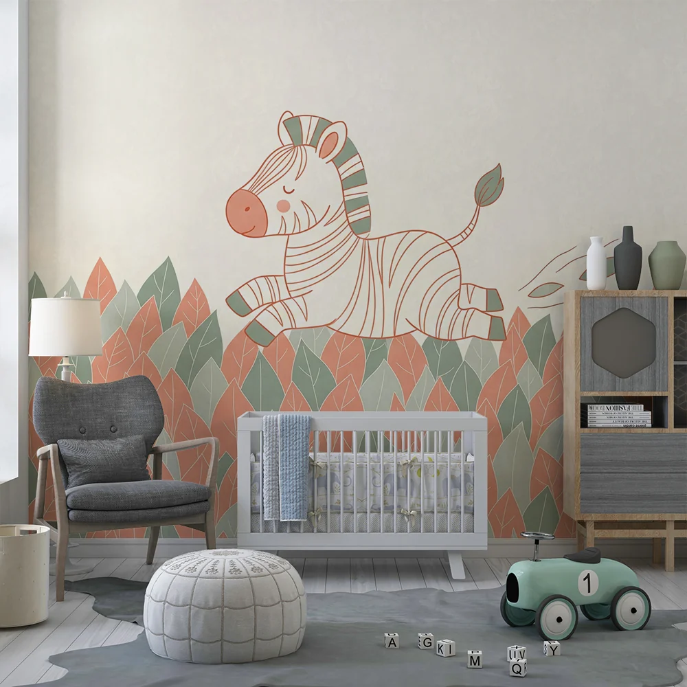 Nursery room wallpaper | Bold zebra running through field colorful leaves