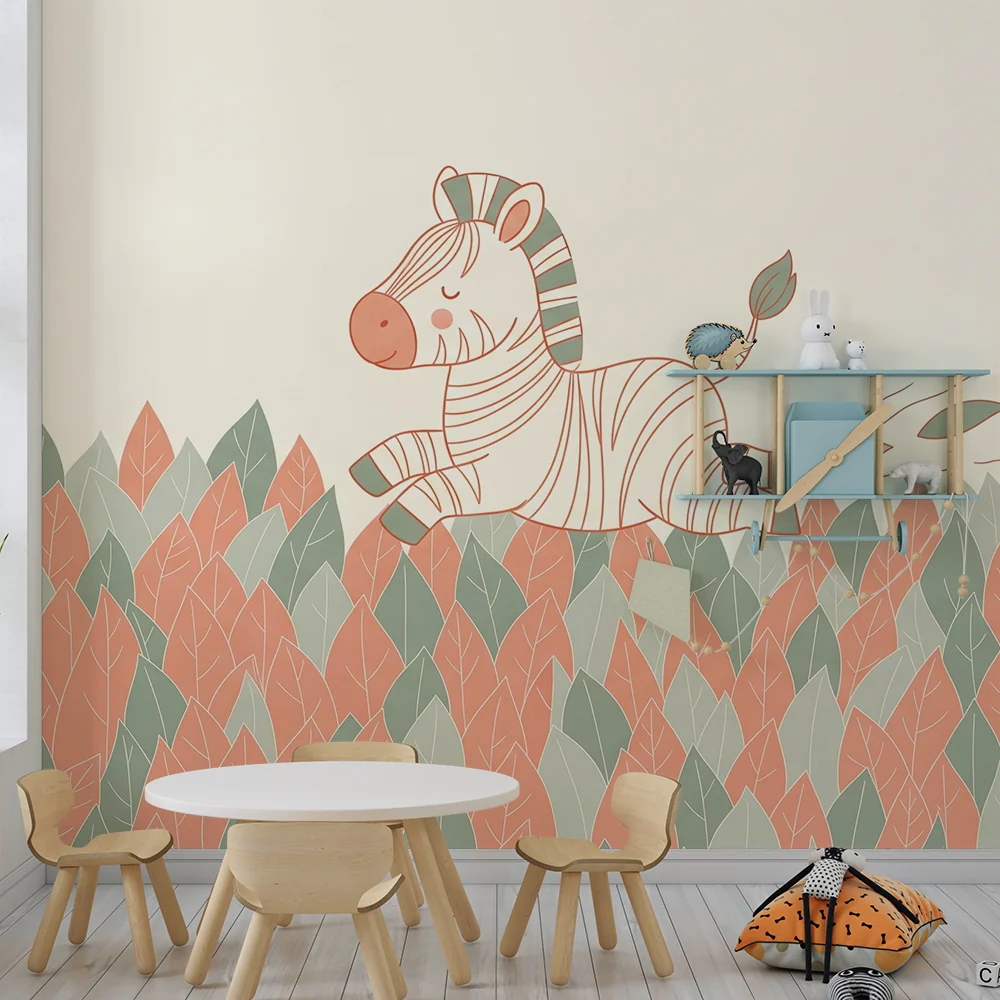 Nursery room wallpaper | Bold zebra running through field colorful leaves