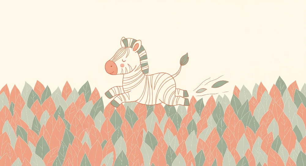 Nursery room wallpaper | Bold zebra running through field colorful leaves