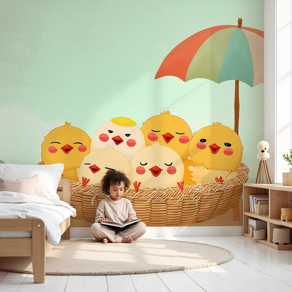 Nursery room wallpaper | Boldog kiscsibék színes napernyő alatt
