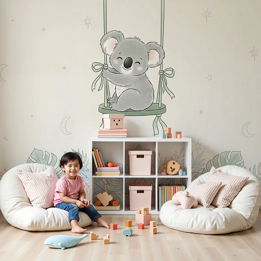 Nursery room wallpaper | Boldog koala hintázik egy hintán