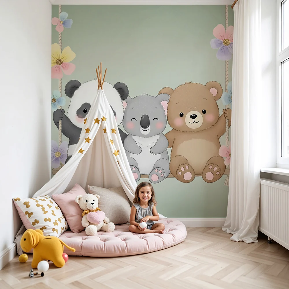 Nursery room wallpaper | Boldogságos medvék hintán