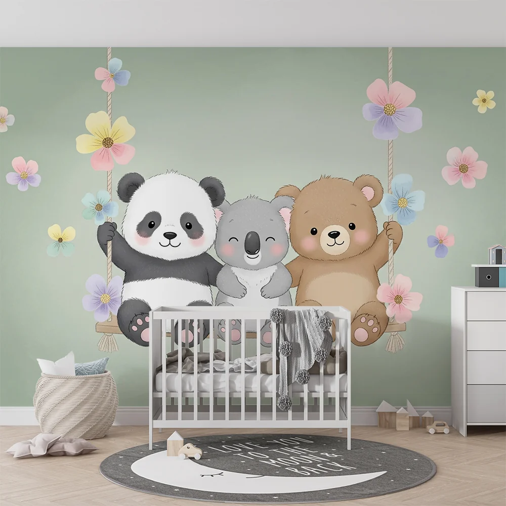 Nursery room wallpaper | Boldogságos medvék hintán