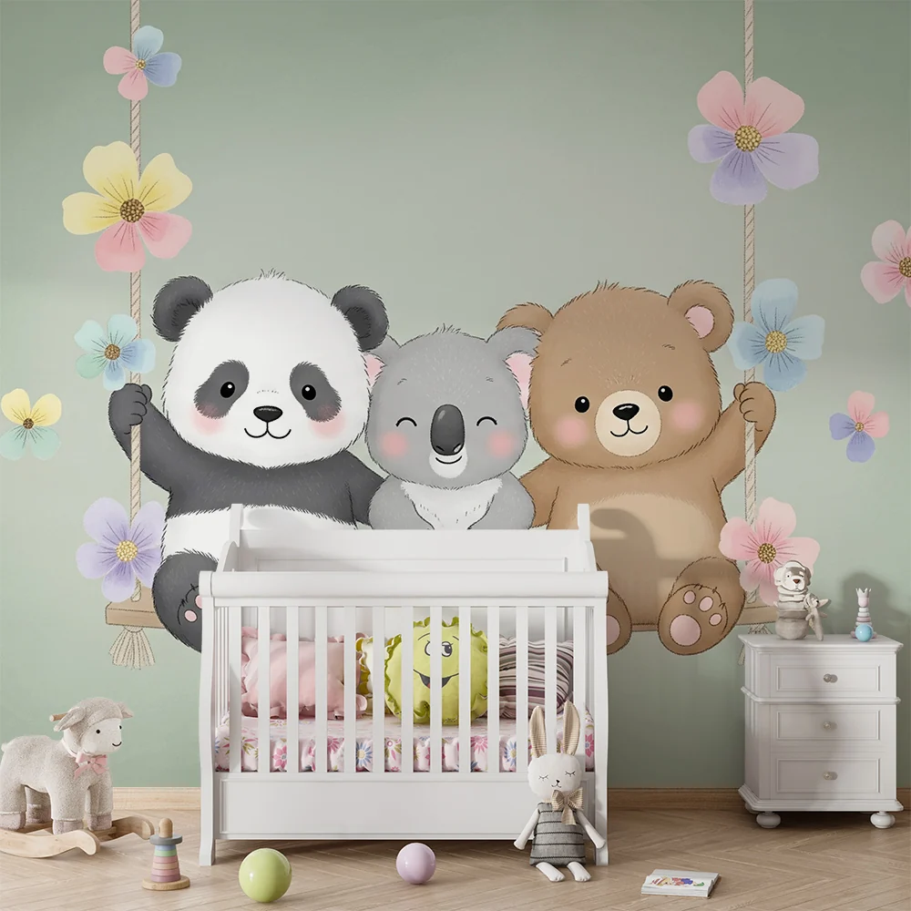 Nursery room wallpaper | Boldogságos medvék hintán