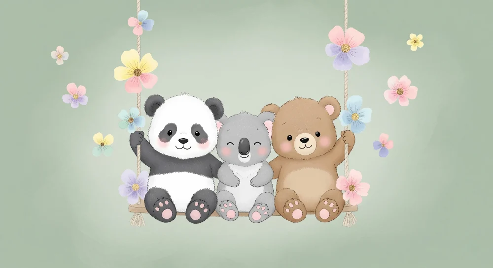 Nursery room wallpaper | Boldogságos medvék hintán