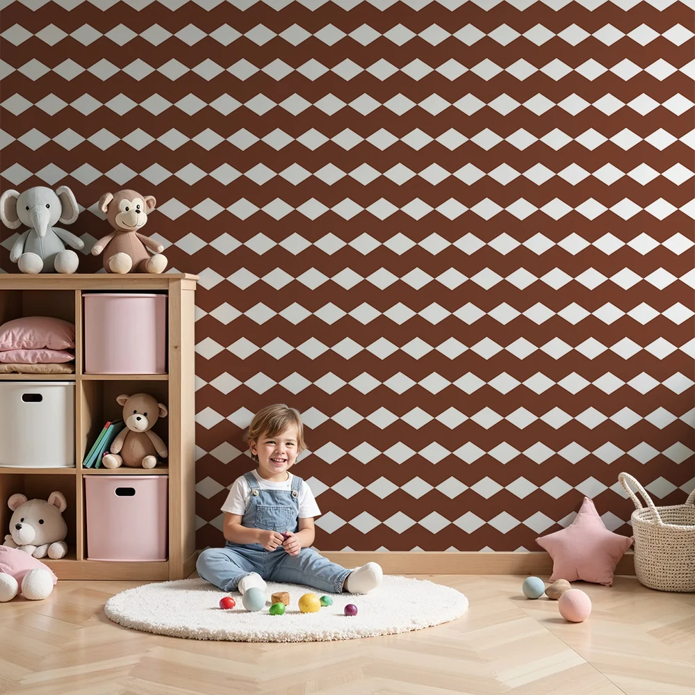 Nursery room wallpaper | Brown and white diamond pattern