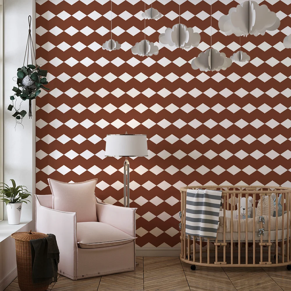 Nursery room wallpaper | Brown and white diamond pattern
